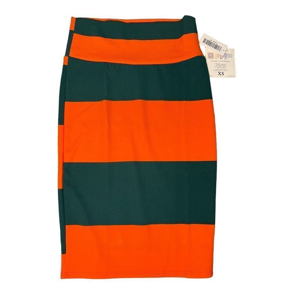 NEW Lularoe Women's XS Cassie Green & Orange Striped Skirt‎ NWT